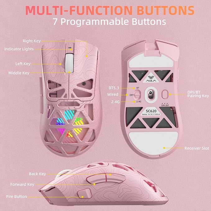 Aula SC620 Wireless Gaming Mouse, Tri-Mode 2.4GHz/USB-C/BT5.3 Computer Mouse with 12000 DPI, Programmable Macro Gamer Mouse with Rapid Fire Key, RGB Light Gaming Mice for PC/Laptop/Mac (Line Pink)