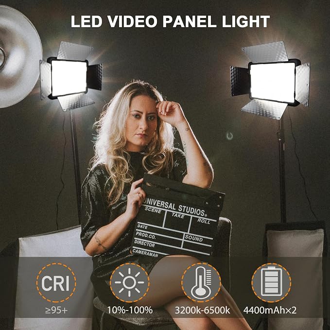 LED Video Light with Barn Door, 4400mAh Rechargeable Battery×2, 3200-6500K CRI 96+ Adjustable Panel Light for Outdoor Photography/Live Broadcast Shooting/Indoor Recording Fill Light/Video Conferencing