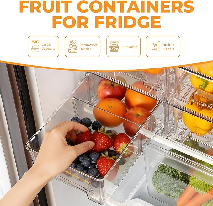 4 Pack Stackable Storage Drawers with Handles, Easy Assembly Clear Acrylic Fridge Organizer, Refrigerator Organizers and Storage for Kitchen, Under Sink, Pantry, Bathroom