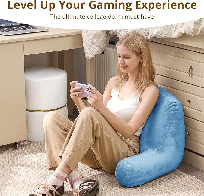 Sasttie Reading Pillow, Velvet Back Pillow for Bed Sitting Up, Adult Back-Rest Support Cushion with Arms for Sit Up on Couch, Sofa, and Floor, Dorm Essentials, Reading Accessories, Blue