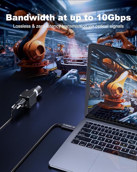 USB C Fiber Optic Cable with Side Screw Lock 50 FT, 10Gbps USB 3.2 Gen2 Active USB C Cable with German Chip,Ultra Slim & Long Distance for Industrial Camera,Machine Vision,Conference Camera