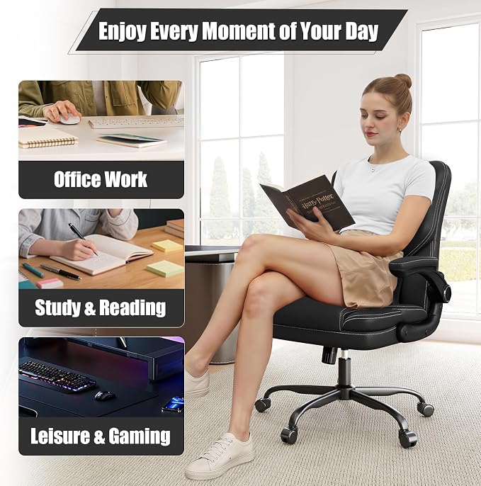 Ergonomic Office Chair with Flip-up Armrests, 300lbs Mid Back Computer Office Desk Chair with Lumbar Support, Executive Leather Chair with Rocking Function Adjustable Height for Home Office