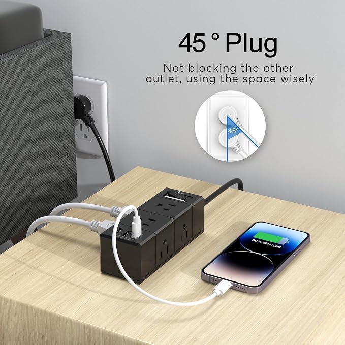 20Ft Extension Cord Flat Plug Power Strip - Tcstei 3-Side Outlet Extender with 6 AC Outlets and 3 USB Ports (1 USB C), Compact for Home, Office, Dorm Room Essentials, Black