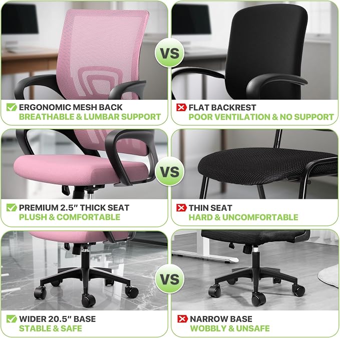 Magshion Ergonomic Office Chair 10 Pack, Mid-Back Mesh Desk Chair, Adjustable Swivel Computer Chair with Lumbar Support & Breathable Backrest for Gaming, Work, Study, 300 Lbs Capacity, Pink