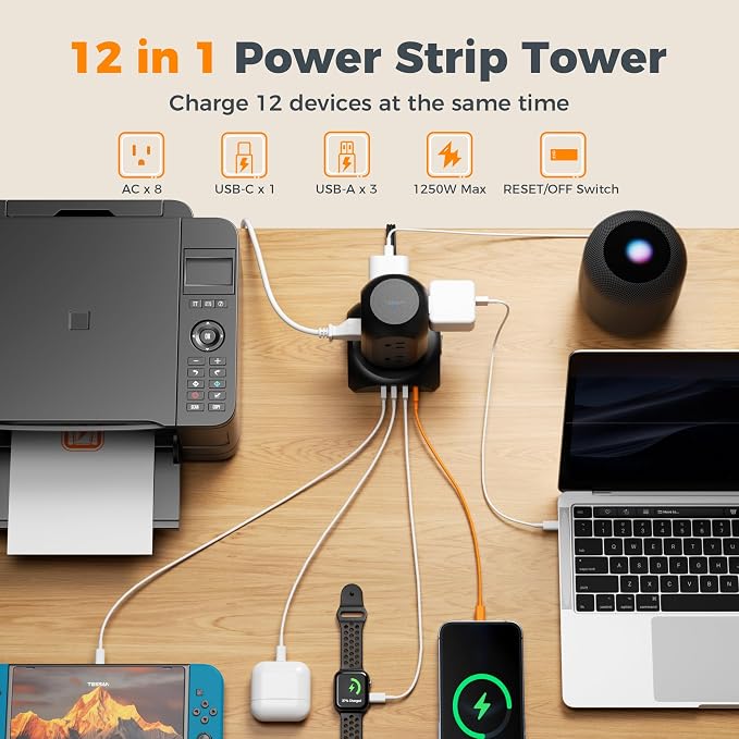TESSAN Surge Protector Power Strip Tower, Flat Plug Extension Cord 10 Ft with 8 AC Multiple Outlets 4 USB Ports (1 USB C), 1050J Protection Desk Charging Station for Home, Office, Dorm Room, Black