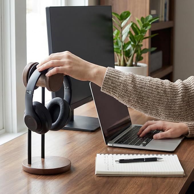 Fenge 11.3" Tall Headphone Stand for Desk, Nature Wood & Metal Headphone Holder with Storage Base, Desktop Headset Stand for Gaming Universal Headphones, Brown