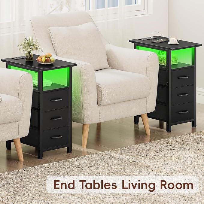 Vagusicc Set of 2 Black Nightstand with Charging Station and LED Lights, Narrow End Table, LED Night Stand with 3 Fabric Drawers for Bedroom, Small Bedside Table, Narrow Side Table for Small Spaces