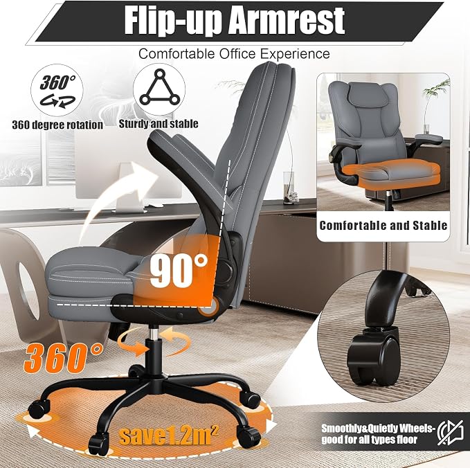 Ergonomic Office Chair with Flip-up Armrests, 300lbs Mid Back Computer Office Desk Chair with Lumbar Support, Executive Leather Chair with Rocking Function Adjustable Height for Home Office