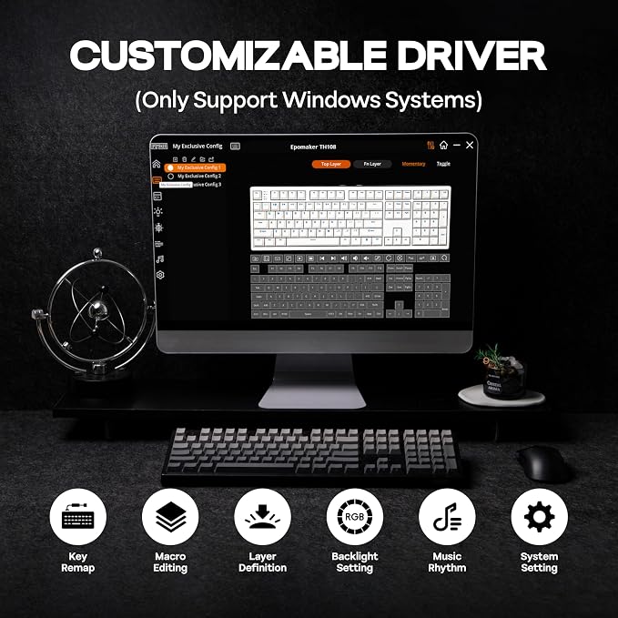 MechLands EPOMAKER TH108 Full Size Mechanical Keyboard, Wireless Gaming Keyboard, 8000mAh Battery, Creamy Gasket, 108 Keys, Hot Swap, Custom Driver, RGB Backlights (Black, Creamy Jade Switch)
