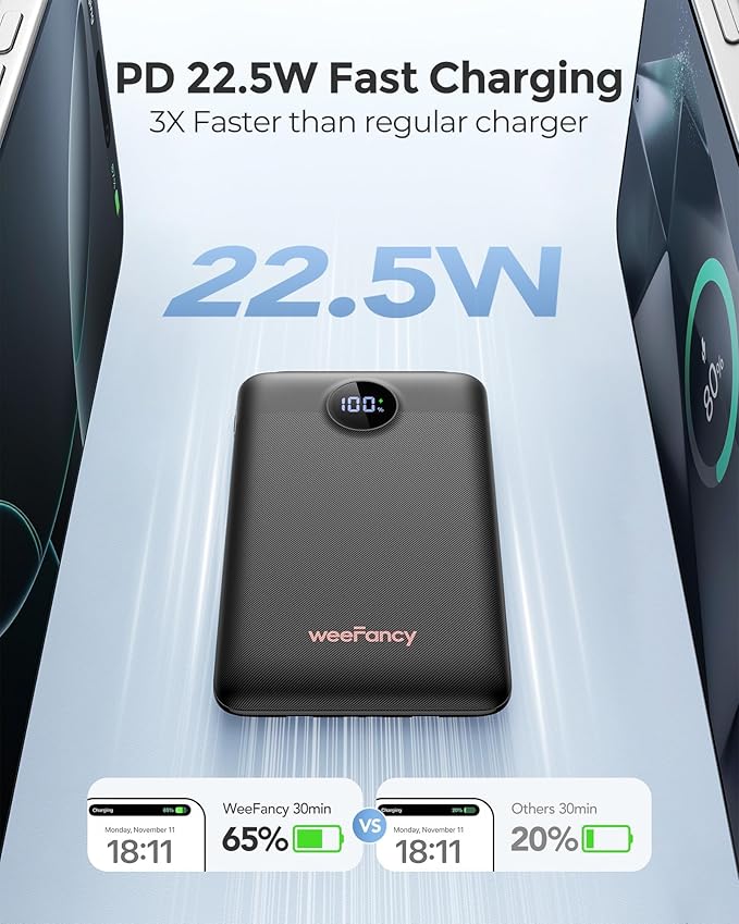 WeeFancy Mini Portable Charger with Built-in Cables 22.5W Fast Charging Power Bank USB-C Small Battery Pack 10000mAh Travel Essential Slim Battery for iPhone 17/16/15/14, Samsung 25/24, and More