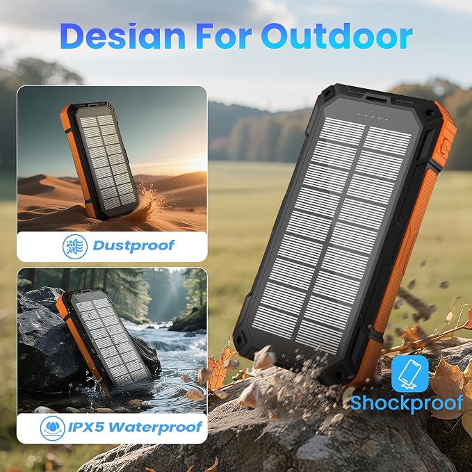 Solar Power Bank 49800mAh - Wireless Portable Charger 15W Fast Charging with 4 Built-in Cables. Equipped with a Powerful Flashlight, IP65 Outdoor Waterproof Power Bank Perfect for Camping, Hiking
