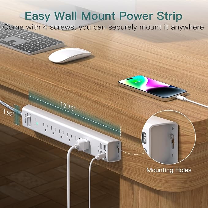 Addtam 20ft Extra Long Power Strip Surge Protector, 6 Outlets and 4 USB Ports (2 USB C), Ultra Flat Plug Wall Mount, Multi Plug Outlet Extender Desktop Charging Station for Home, Office, Garage