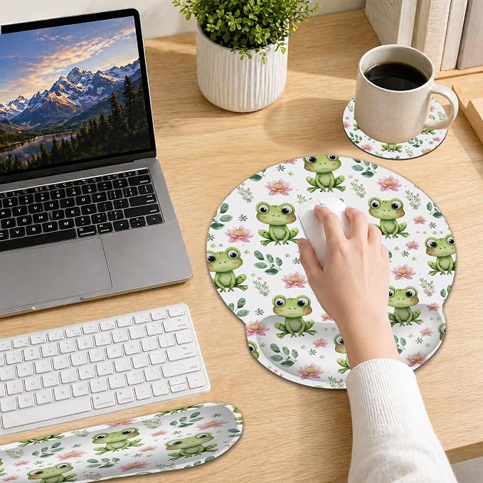 Cute Frog Wrist Rest Mouse Pad and Keyboard Support Set,Lotus Flower 3 in 1 Ergonomic Memory Foam Mousepad with Non Slip Base, Gaming Mouse Pad for Office and Home