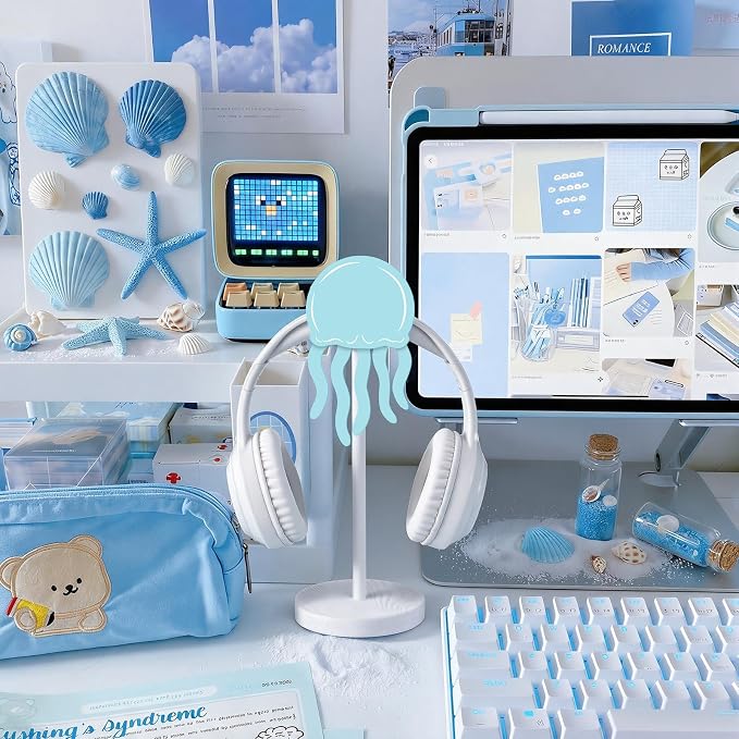 Yookeer Jellyfish Headphone Stand Cute Blue Headphone Stand Decorative Ocean Sea Wood Desk Decor for Gamer Room Office Desk Gaming Gifts for Girlfriend Office Worker