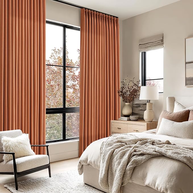 Memory Trained Pinch Pleated Curtains 90 Inches Long, Viral Linen Pinch Pleat Sheer Curtains with Ring Hooks&Clips for Track System Living Room,Terracotta Light Filtering Privacy Curtain 2 Panel Set