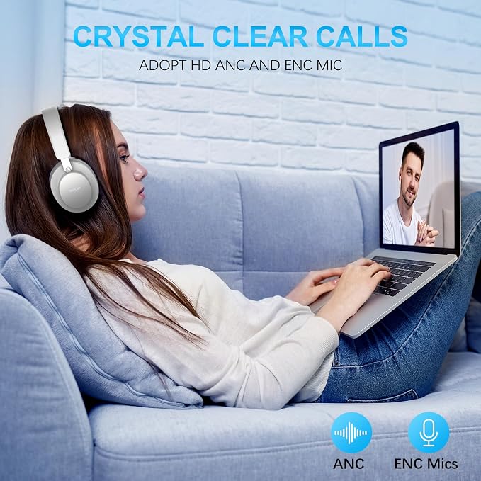 Noise Cancelling Headphones Wireless Bluetooth, Over Ear Headphone Bluetooth with Microphone, Cancelling Wireless Headphones Over Ear, 65h Playtime, Clear Calls, Comfort Fit for Travel (Grey)