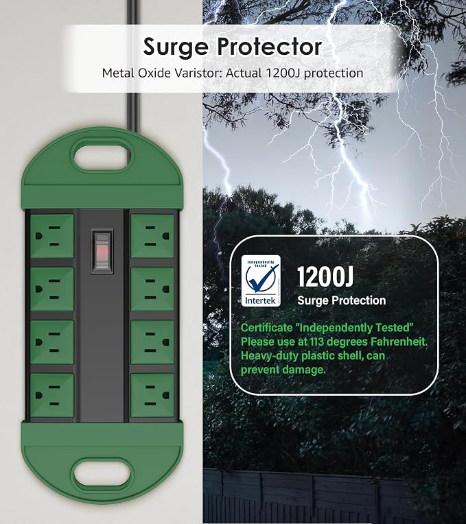 CCCEI 2 Outdoor Power Strips Weatherproof with 8 Plug, Waterproof Extension Cord with Multiple Outlets, Christmas Exterior Garden Yard Surge Protector 15FT, Green.