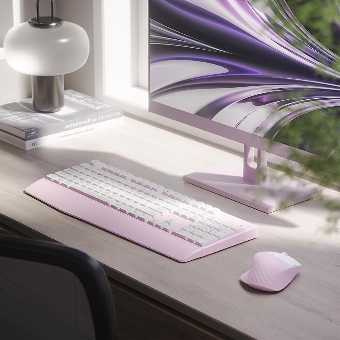 MPTOG Ergonomic Keyboard and Mouse Combo with Wrist Rest, BK Chipset, Full-Size Colorful Office Keyboard and Mouse, Power Button, USB Receiver for PC Laptop(Pink White)