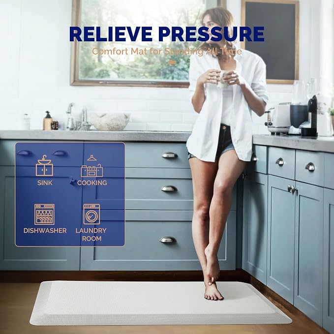 FEATOL Anti Fatigue Mats for Standing, 9/10 Extra Thick Ergonomic Standing Desk Mat, Comfort Memory Foam Standing Mat at Home,Office All Day (20" x 39", White,1PC)