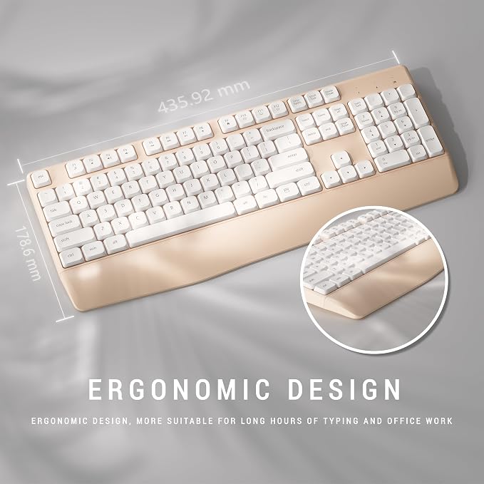 MPTOG Ergonomic Keyboard and Mouse Combo with Wrist Rest, BK Chipset, Full-Size Colorful Office Keyboard and Mouse, Power Button, USB Receiver for PC Laptop (Khaki White)