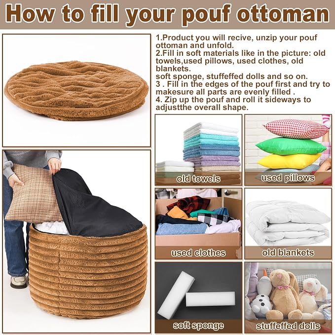 Teenyyou 2 Pcs 26 x 18 Inch Unstuffed Pouf Cover Ottoman Foot Rest - No Filler, Faux Rabbit Fur Foot Stool Floor Bean Bag Floor Chair Storage for Living Room Bedroom Home Decor(Brown)
