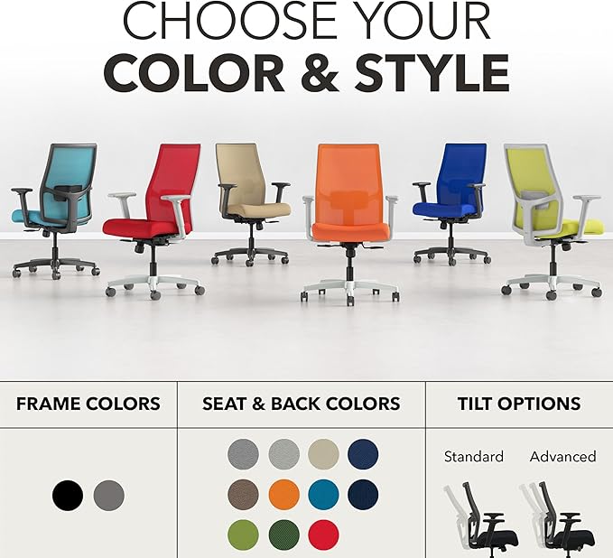 HON Ignition 2.0 Mid Back Task Chair, Spectrum Mesh, Standard Synchro-Tilt Control, Office Chair with Lumbar Support, Height and Width Adjustable Arms, Titanium Frame, Linen
