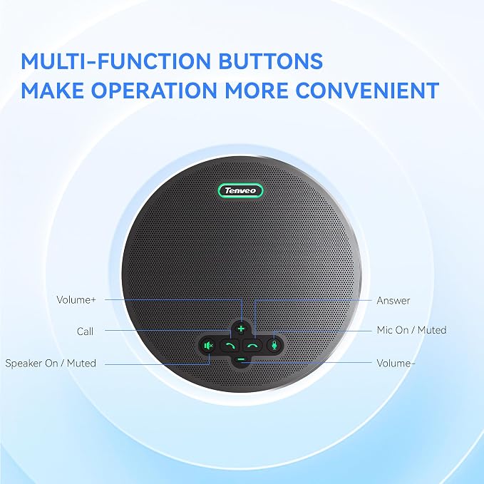 Tenveo Bluetooth Conference Speakerphone Bluetooth/Wireless/USB, 8 AI Noise Mics and 360° Sound Pickup,Compatible with Zoom, Teams, OBS, Supports 12-15 People for 18H of Talk Time MagiCallpro