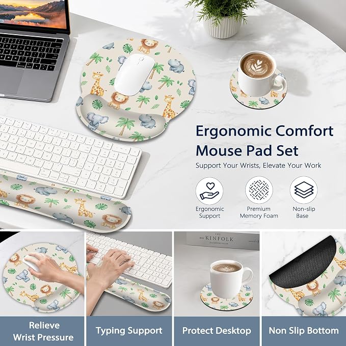 Cute Animals Ergonomic Keyboard and Mouse Wrist Rest Set, Lions Giraffes Elephants Mouse Pad with Non Slip Base, Soft Cloth Surface for Office and Home Typing Support