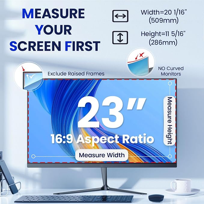 Magnetic Privacy Screen for Frameless Computer Monitor 23 Inch 16:9 Aspect Ratio,Hanging Blue Light Screen Protector Eye Protection Anti-Spy Shield, 23in Removable Privacy Filter