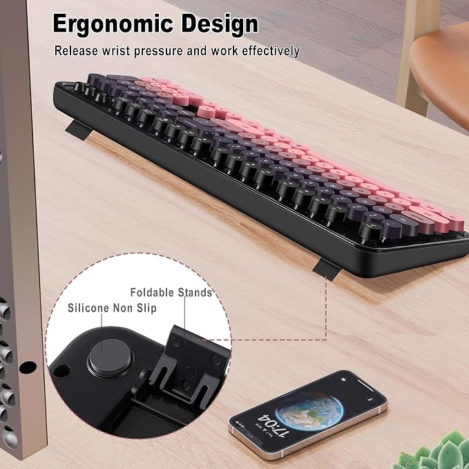 Kootop Wireless Keyboard and Mouse Combo, Cute Colorful 104 Keys Typewriter Retro Round Keycaps Keyboard for PC Laptop,Desktop,Windows, Home and Office Keyboards(Black and Pink)