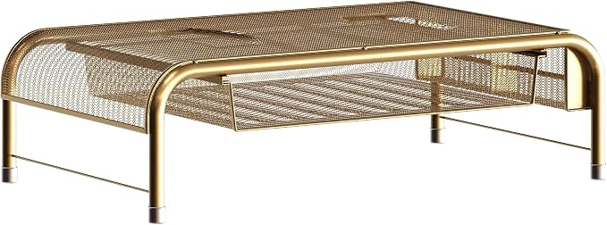 Martha Stewart Ryder Gold Mesh Metal Desktop Monitor Stand Riser with Organizer Drawer and Side Storage