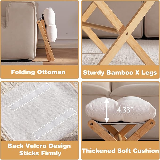 Baveke Ottoman Foot Rest- Bamboo Foldable Stool, Foot Stools Small Ottman with Upholstered & X Legs, Folding Shoe Bench, Bedroom and Living Room, Small Beige(FSC-Certified Bamboo)