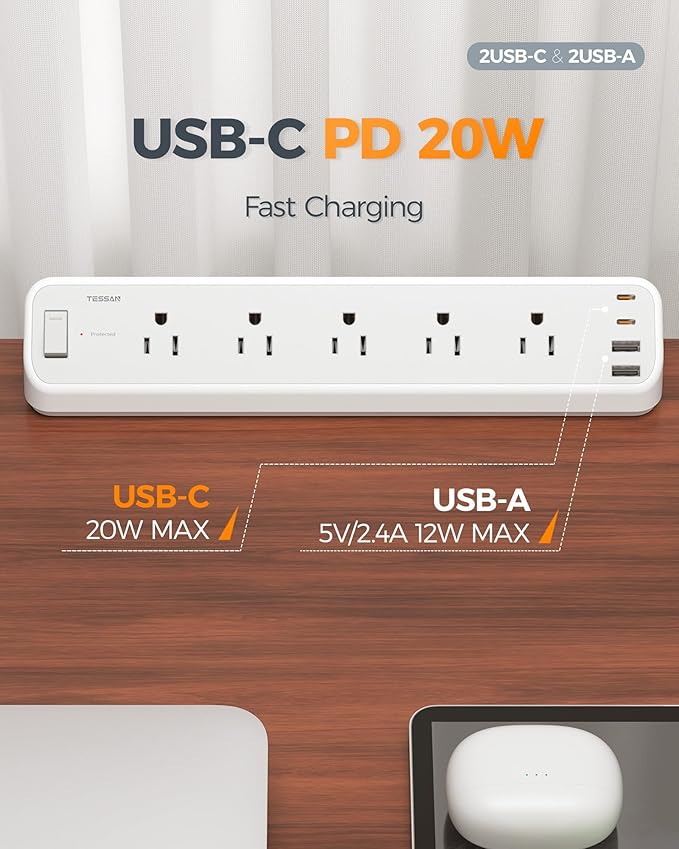 TESSAN Desk Clamp Power Strip 6 Ft, 2100J Surge Protector Desk Charging Station, 5 Outlets with 4 USB Ports (2 USB C), Flat Plug Extension Cord with Multiple Outlets for Home Office Dorm Room, Grey