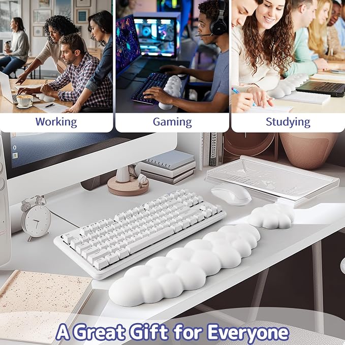 Sushret Cloud Wrist Rest Keyboard, Cloud Keyboard Wrist Pad Set with PU Leather Memory Foam, Cute Arm Rest for Palm Support, PC/Gaming Desk Accessories/Office Setup/Computer Hand Cushion - White
