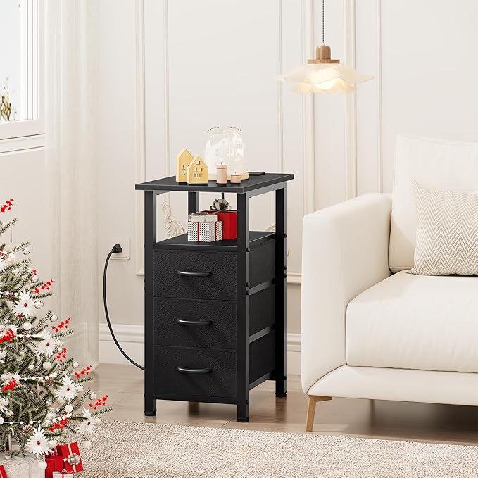 Vagusicc Black End Table with Charging Station, Narrow Side Table, 25.2'' Tall Narrow Nightstand with 3 Fabric Drawers, Slim Sofa Side Table for Small Spaces, Small Night Stand for Bedroom, Black
