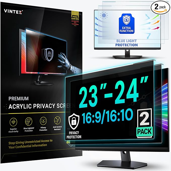 Universal 23"-24" - 23", 23.6", 23.8", 24" - 16:9/16:10 Aspect Ratio - 2 Pack - Computer Privacy Screen Filter for Widescreen Computer Monitors - 21.2"x13.4" = 541x342mm - Monitor Frame Hanging Type