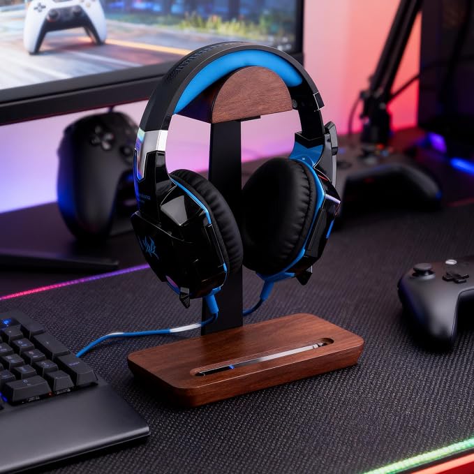 Wood Headphone Stand for Desk - Over-Ear Headphones Holder,Headset Stand,Universal Headphone Holder with Storage Base (Walnut)