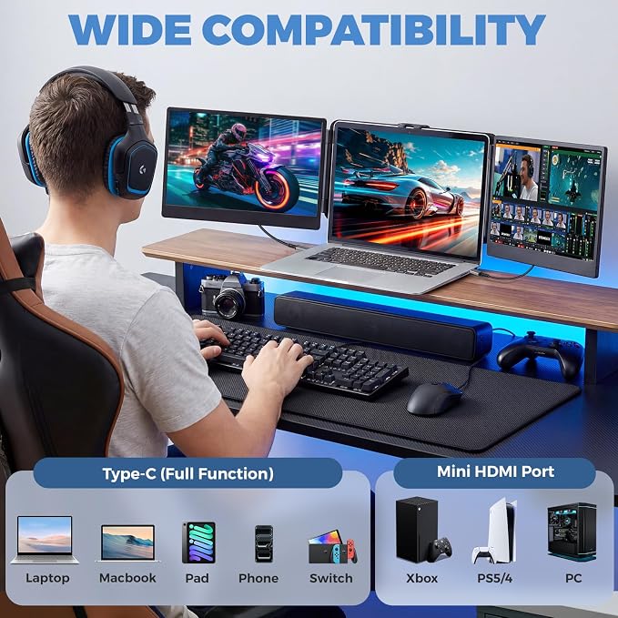 JoyReal Laptop Screen Extender, 14" FHD 1080P IPS Portable Monitor for Laptop, Triple Screen Extender Monitor USB-C/HDMI Plug-Play for Windows, Mac, Fit 13"-17.3" Laptops