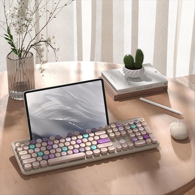 MPTOG Colorful Wireless Computer Keyboard and Mouse Combo with Phone Holder, Wrist Rest, Typewriter Keys, 2.4GHz Wireless, Full-Sized Optical Mouse for PC and Laptop (Khaki)