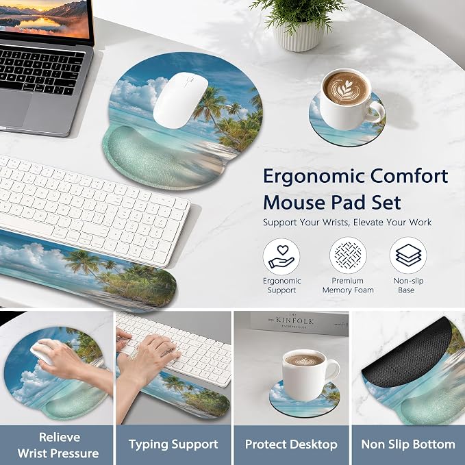 Wrist Rest Support for Mouse Pad Keyboard Set, Hawaii Beach Palm Tree Mouse Pad with Non Slip Rubber Base for Home and Office Typing Support