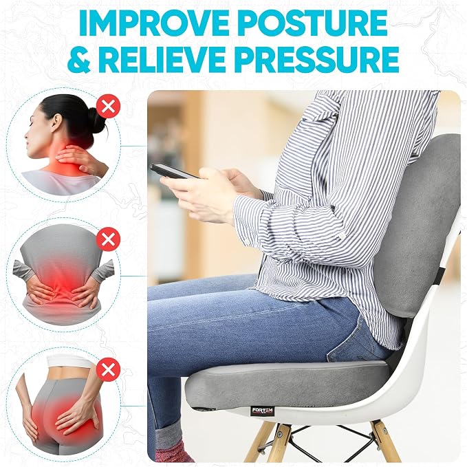 FORTEM Seat Cushion, Office Chair Cushion, Lumbar Support Pillow for Office Chair, Memory Foam Car Seat Cushions, Sciatica Coccyx Tailbone Pain Relief, Cushions for Back Support, Washable, Non Slip XL