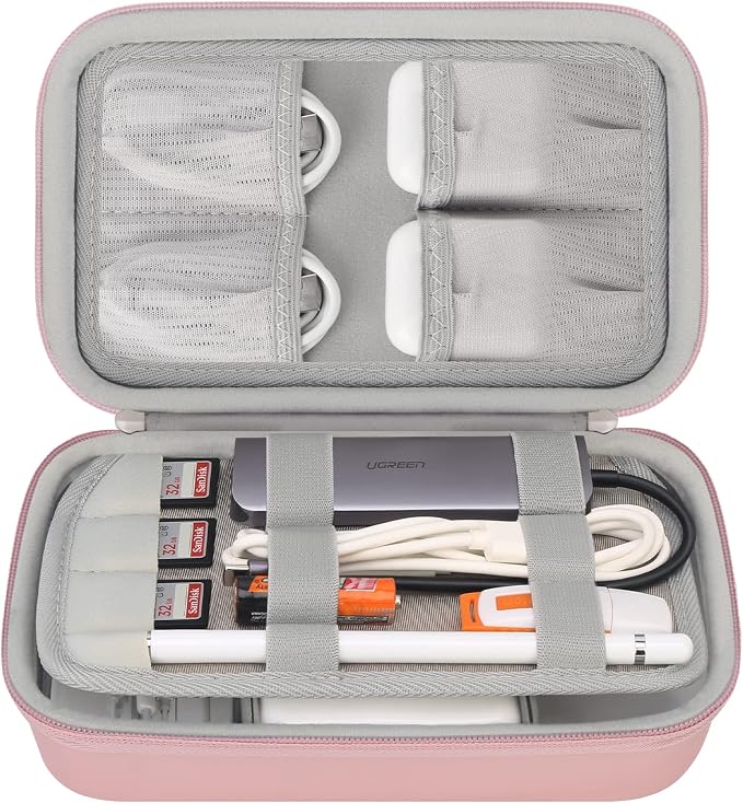 Elonbo Hard Travel Cords Organizer Universal Small Electronic Accessories Carrying Case for Chargers Cable MacBook Adapter Magic Mouse Apple Pencil USB Flash Disk Tech Portable Storage Bag, Rose Gold