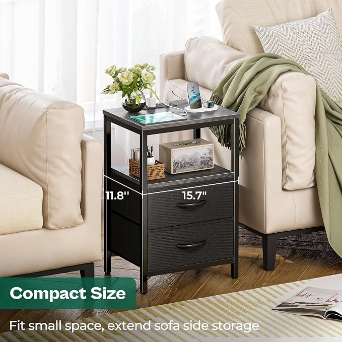 Huuger Nightstands Set of 2, End Tables with Charging Station, Side Tables with Fabric Drawers, Bedside Tables with USB Ports and Outlets, Night Stands for Bedroom, Charcoal Gray