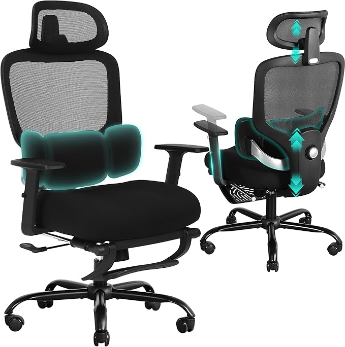 Ergonomic Office Chair with Footrest, Mesh Desk Chair with Adjustable Headrest & Armrests & Dynamic Floating Wing Lumbar Support, High Back Computer Chair for Home Office, BIFMA Certified, Black
