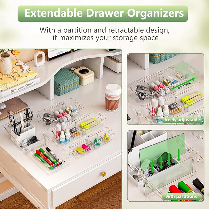 BLULEE Adjustable Clear Drawer Organizers, Expandable Bathroom Drawer Organizer Bins with Dividers, Versatile Makeup Organizer for Drawer, Plastic Desk Drawer Organizer (8 Pcs)