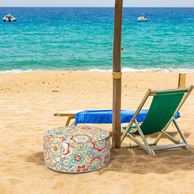 DYTXIII Inflatable Ottoman Stool D21 xH9 for Outdoor/Indoor Use, Water Repellent Patio Foot Rest Stool with Portable Handle,Round Pouf Ottoman Suitable for Garden,Deck and Camping - Flower Red