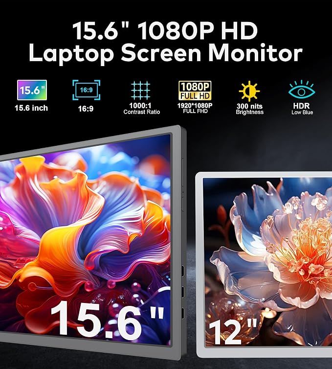 15.6" Triple Portable Laptop Monitor, FHD 1080P IPS Screen Extender Portable Display for 15.6-17.3” Laptops, PnP Travel Laptop Screen Extender with USB-C&HDMI, Dual Monitor for Windows, Mac