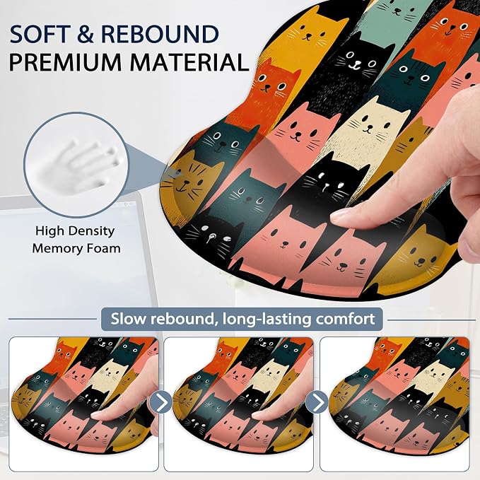 Cute Cat Wrist Rest Mouse Pad and Keyboard Support Set,3 in 1 Ergonomic Memory Foam Mousepad with Non Slip Base, Gaming Mouse Pad for Office and Home