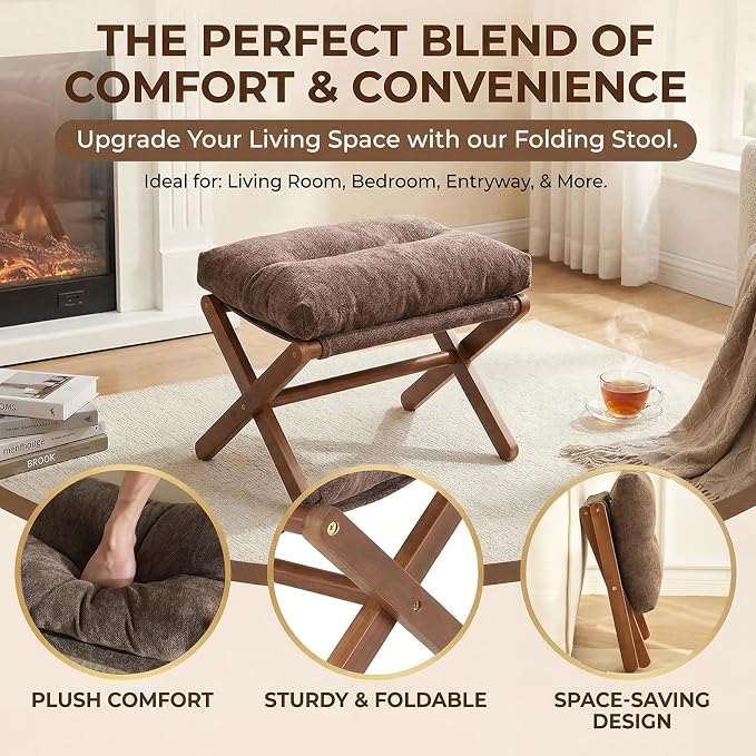 Baveke Ottoman Foot Rest- Bamboo Foldable Stool, Foot Stools Small Ottman with Upholstered & X Legs, Folding Stool for Makeup, Bedroom and Living Room (Small Brown)