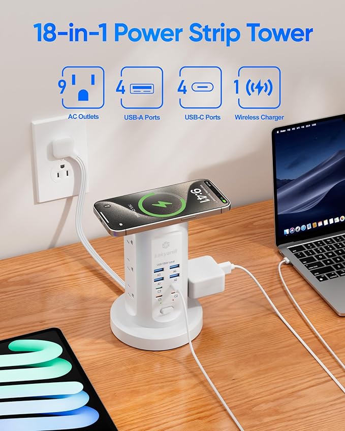 Power Strip Tower, PD 65W USB Charging Tower, kakyanill Surge Protector Tower 9 AC Outlets 8 USB (4 USB C), 6 Ft Retractable Extension Cord, Charging Station for Office Dorm Room, White